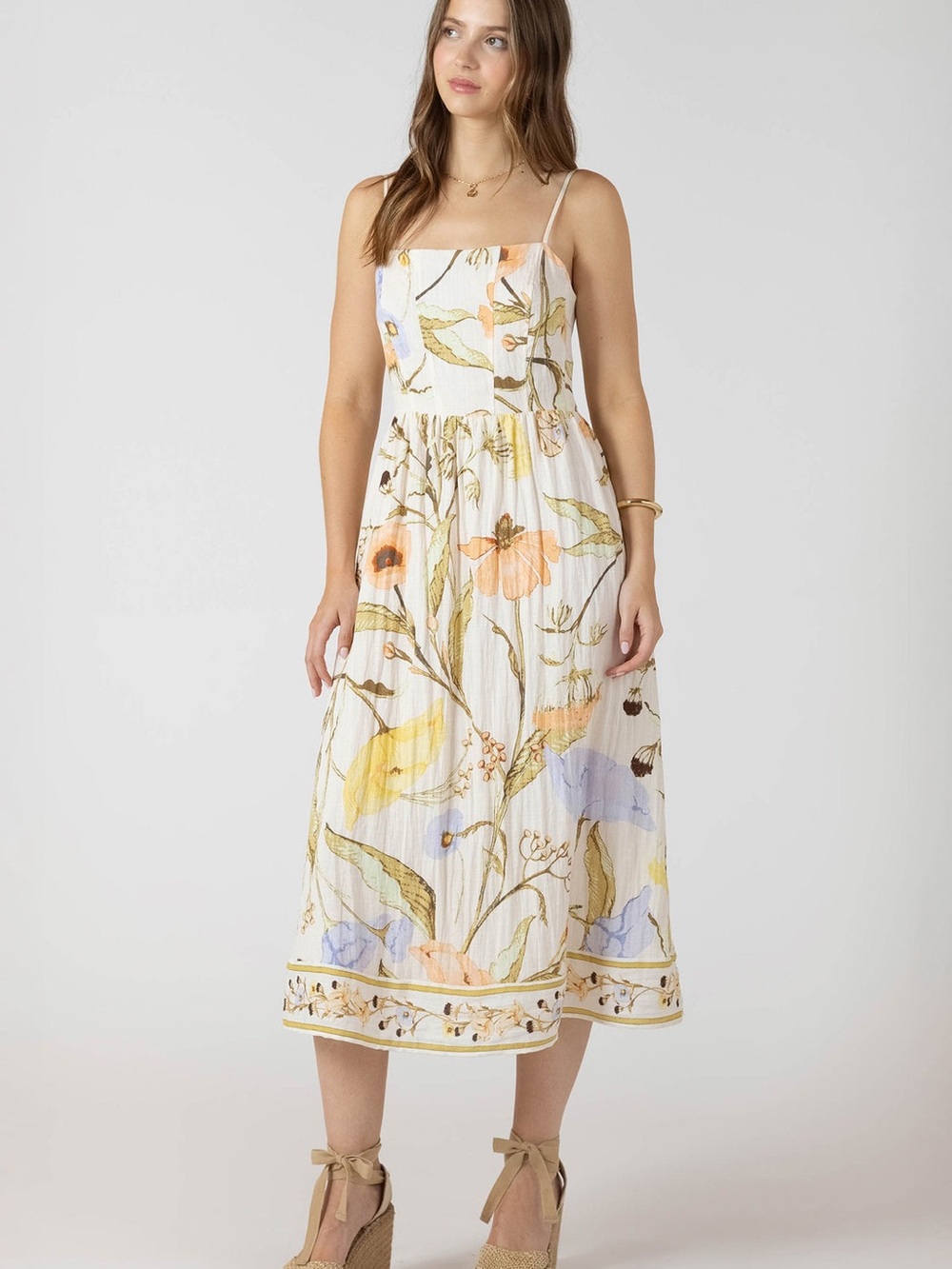 5. NWOT Floral Smocked Midi Dress in Cream with Pastel Blooms - Picture 2 of 5
